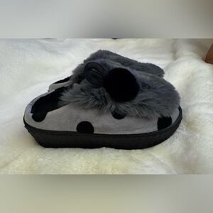 Gray Faux Fur Slippers with Pom Poms